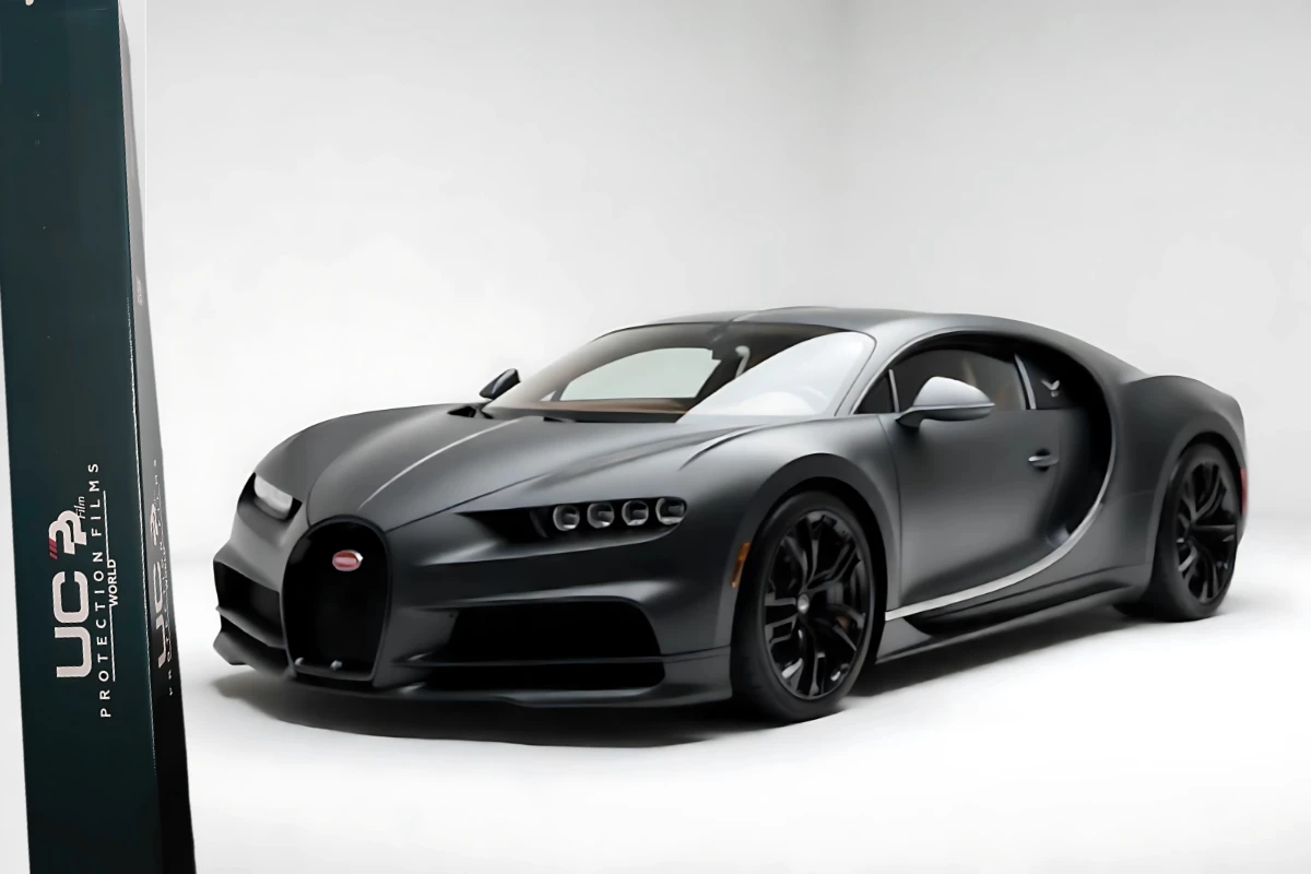 A dark grey Bugatti with matte finish